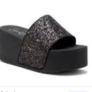 Jesssica Simpson Women's Black Faille 2 Glitter Platform Sandal